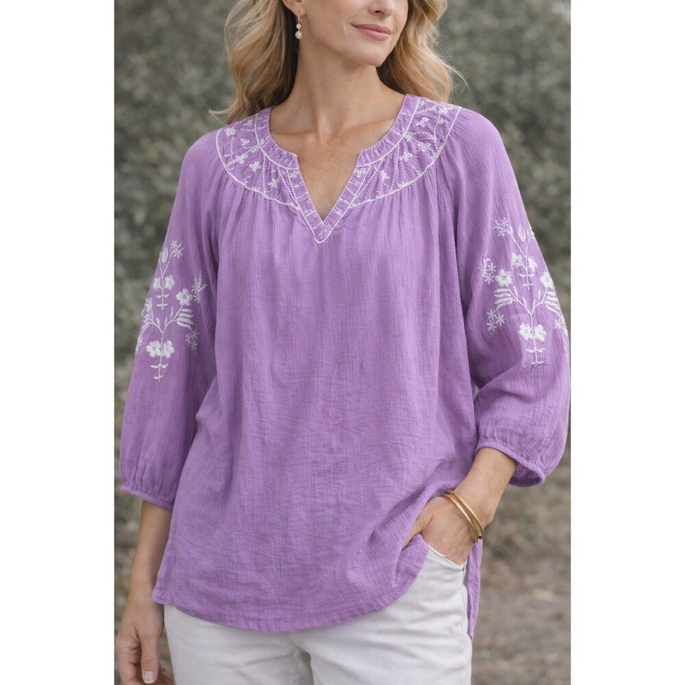 Talbots Lavender Embroidered Peasant Blouse‎ Women’s Large Boho 3/4 Sleeve
